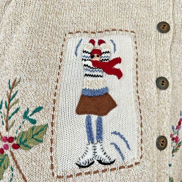 Alfred Dunner Knit Cardigan Sweater Sz L Novelty Floral Embroidered‎ Ice Skating - Picture 3 of 16